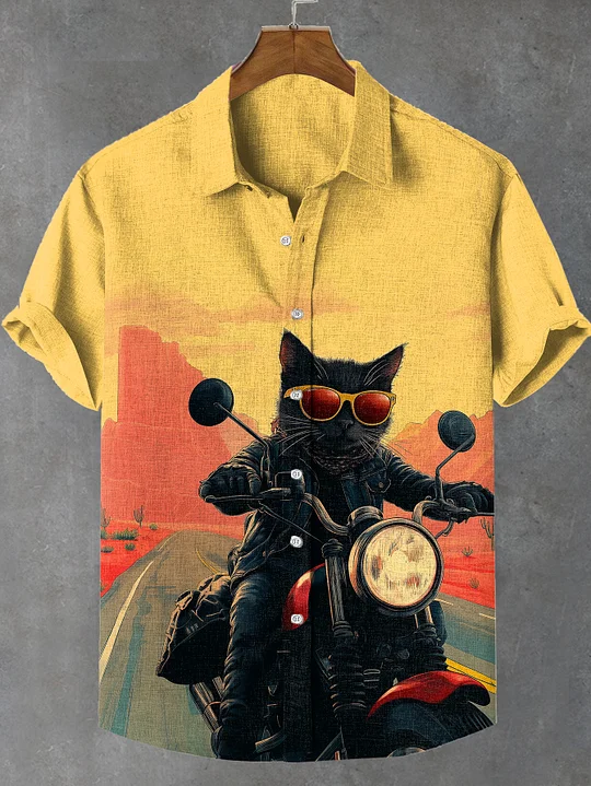 Men's Motorcycle Cat Theme Retro Cartoon Shirt