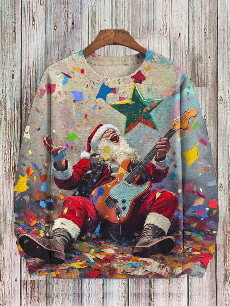 Men's Santa Claus Sits On The Ground Playing Guitar And Singing Print 