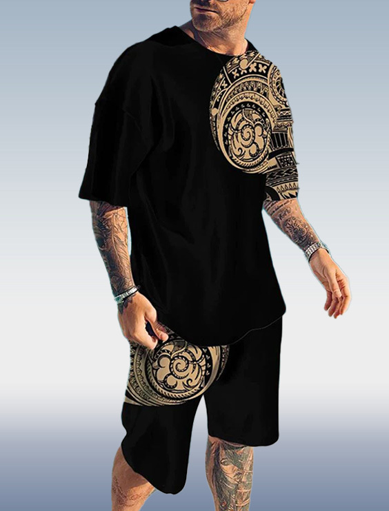 Men's Vintage Print Short Sleeve Two-Piece Set