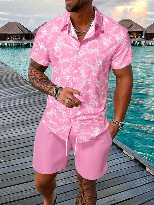 Suitmens Men's Pink Hawaiian Print Short Sleeve Shirt Set 016