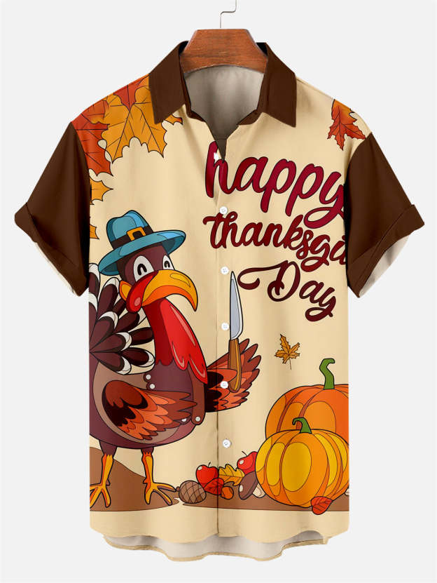 Men's Thanksgiving Creative Design Contrast Color Cartoon Turkey Pattern Short Sleeve Shirt