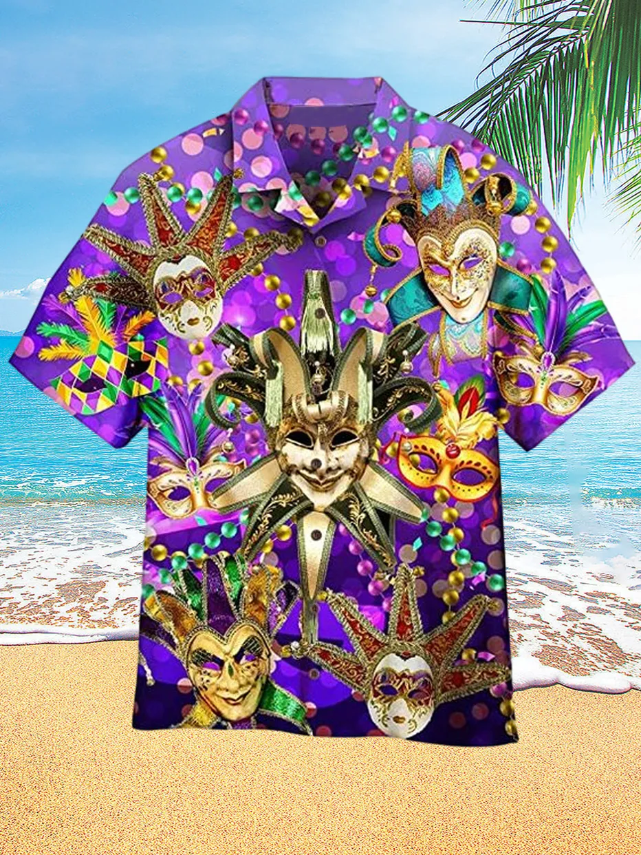 Mardi Gras Mask Purple Print Holiday Hawaiian Short Sleeve Shirt
​