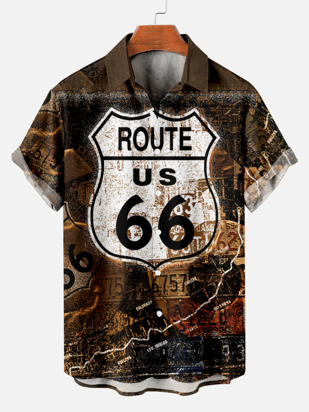 Men's Retro Road Print Hawaiian Short Sleeve Shirt