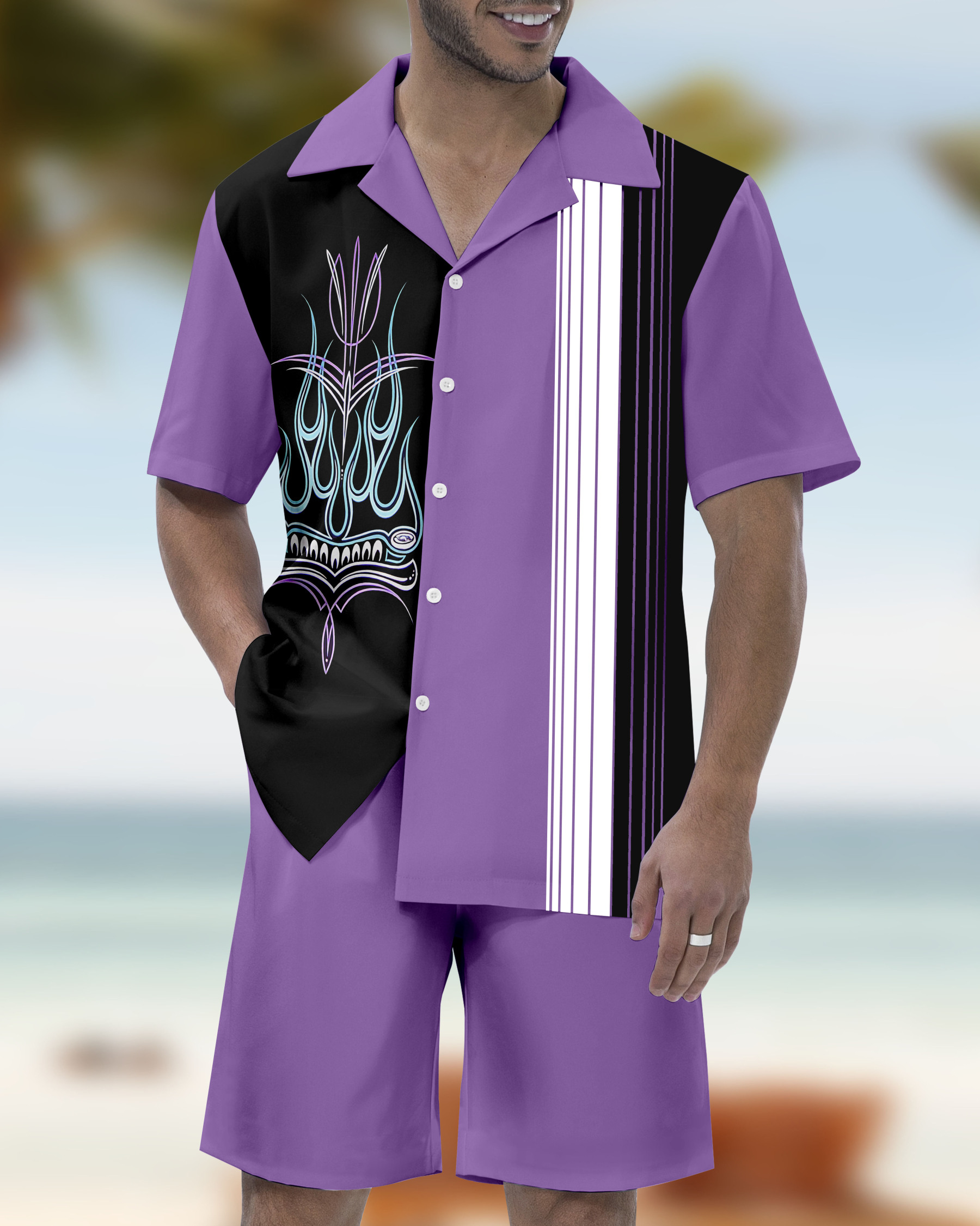 Men's Modified Car Party Hawaiian Cuban Collar Short Sleeve Shirt Set