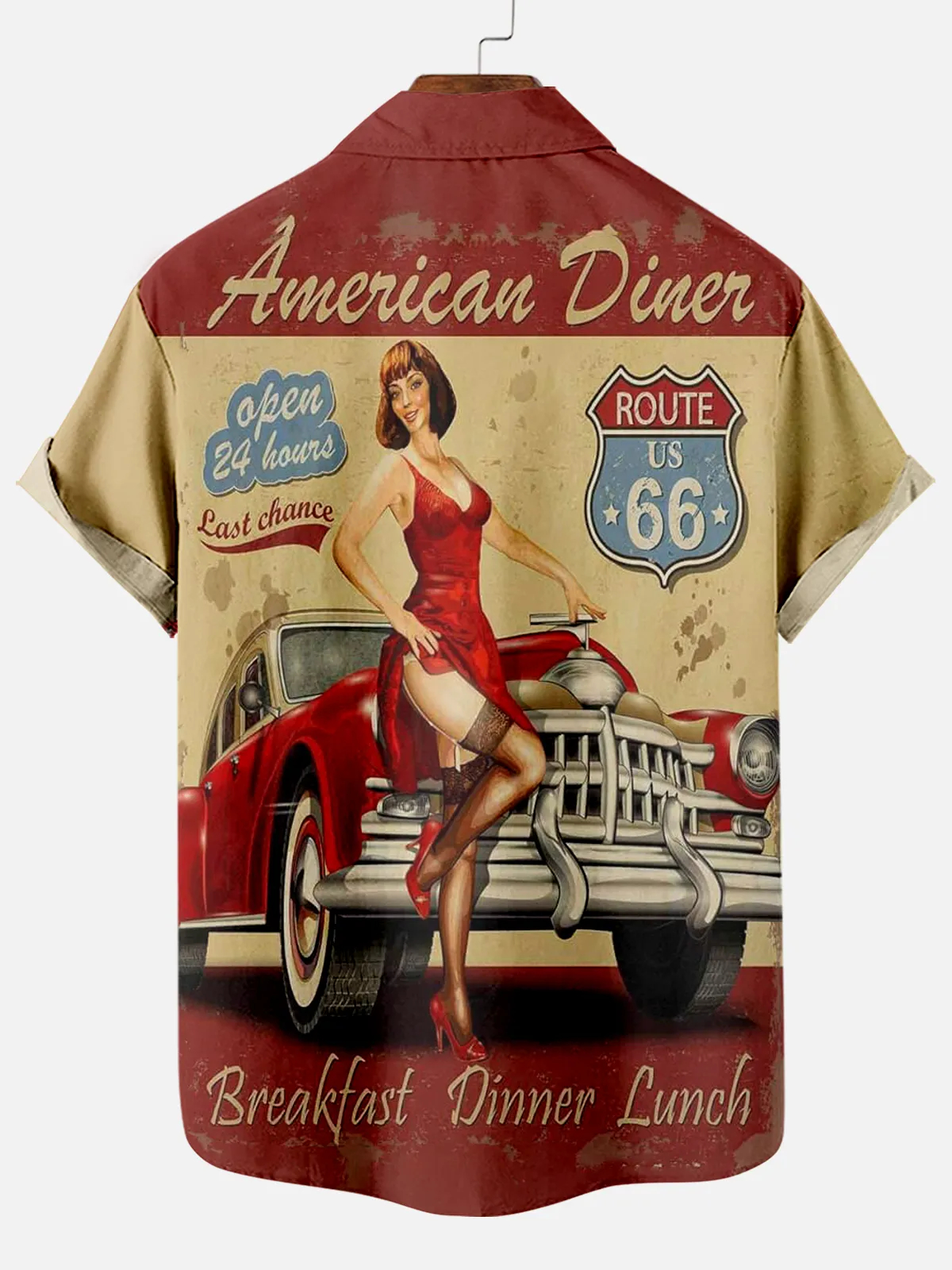 Men's Retro Road Beauty and Car Print Short Sleeve Shirt