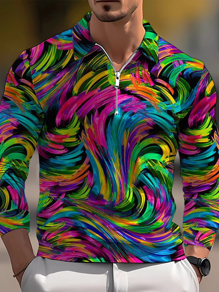 Men's casual art graphic zip long sleeve polo shirt