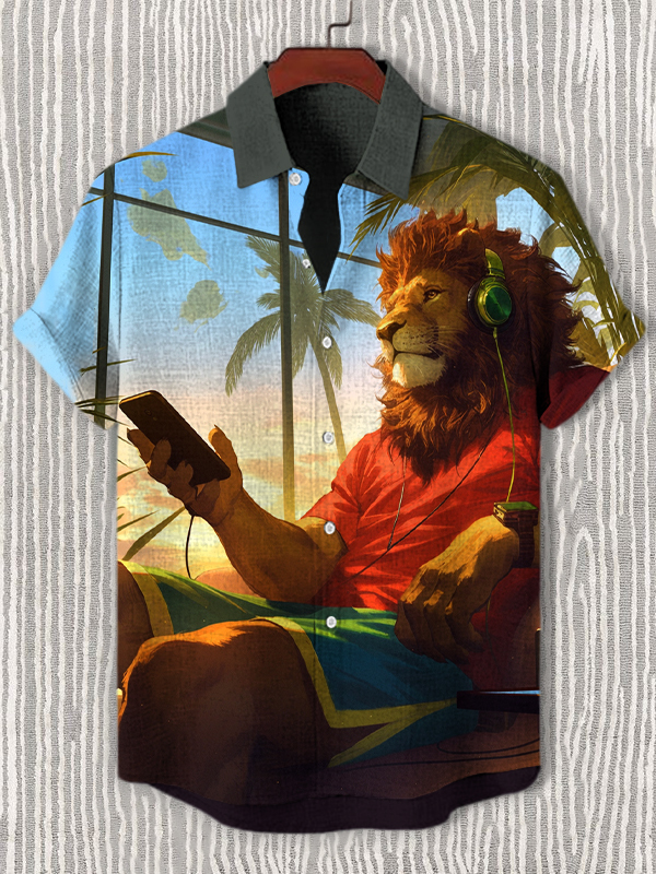 Men's Lion Relaxing Listening To Music Vacation Art Print Casual Shirt