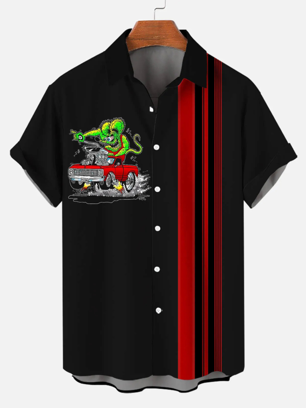 Men's Nostalgic Anime Character Retro Car Short Sleeve Shirt