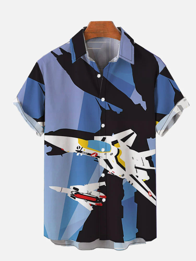Men's retro science fiction color block poster spacecraft lapel short sleeved shirt