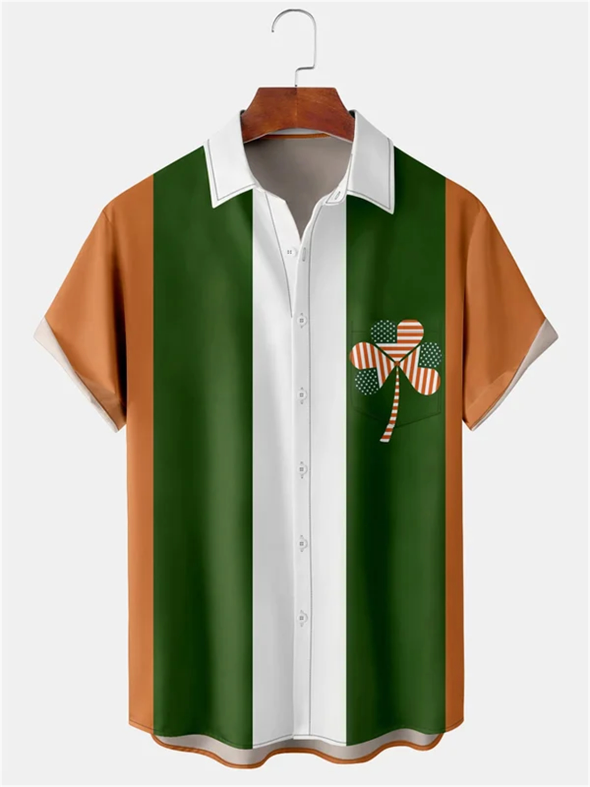 Men's Clover Flag Patrick Holiday Bowling Ball Printed Pocket Shirt