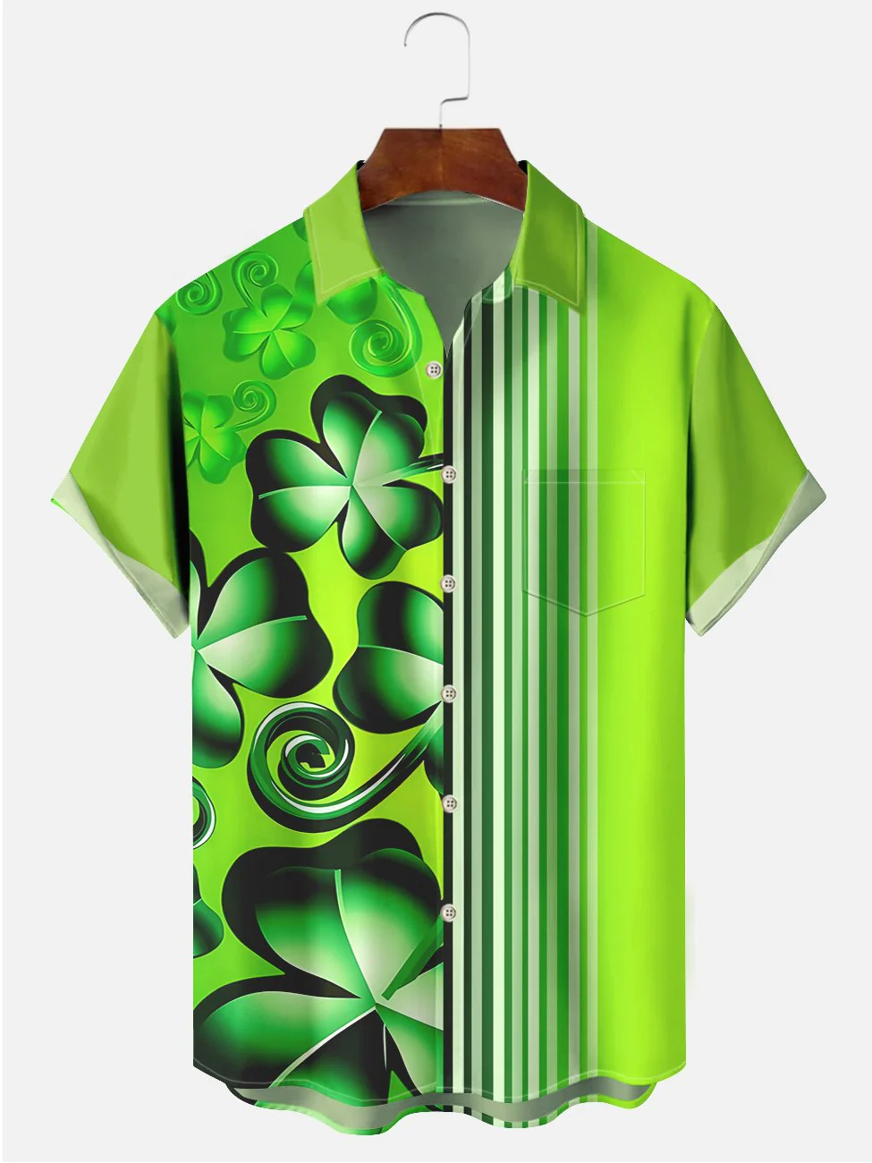 Men's St. Patrick's Day Clover Gradient Stripe Printed Casual Short Sleeve Pocket Shirt