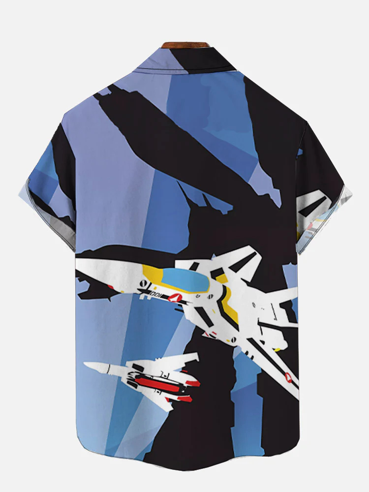 Men's retro science fiction color block poster spacecraft lapel short sleeved shirt