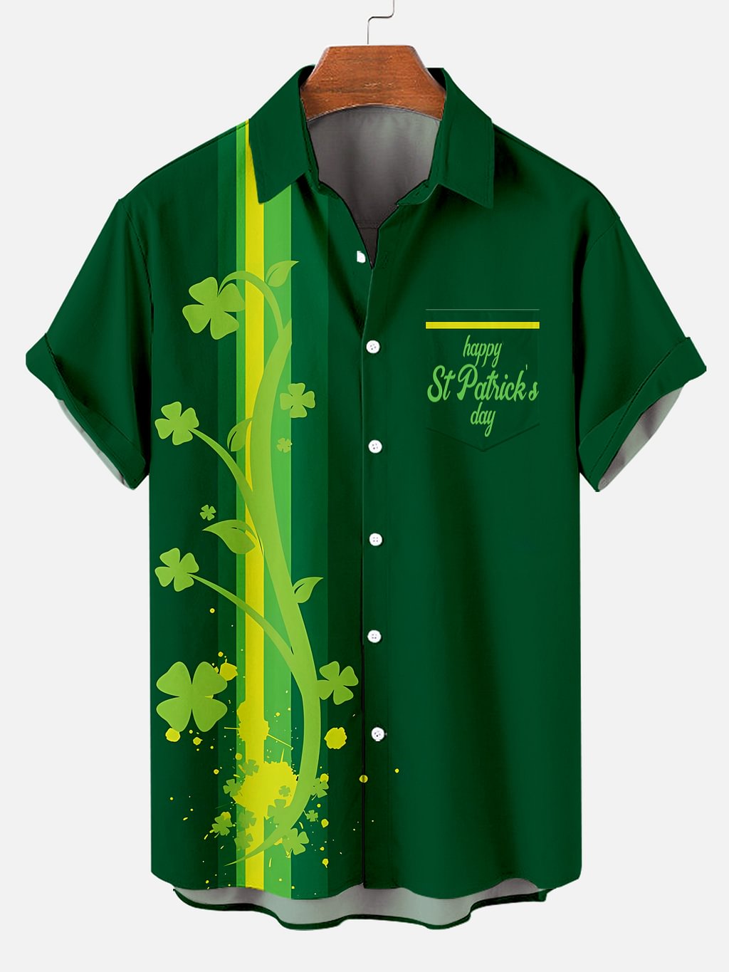 Men's St. Patrick's Day striped casual printed collar short sleeved pocket shirt