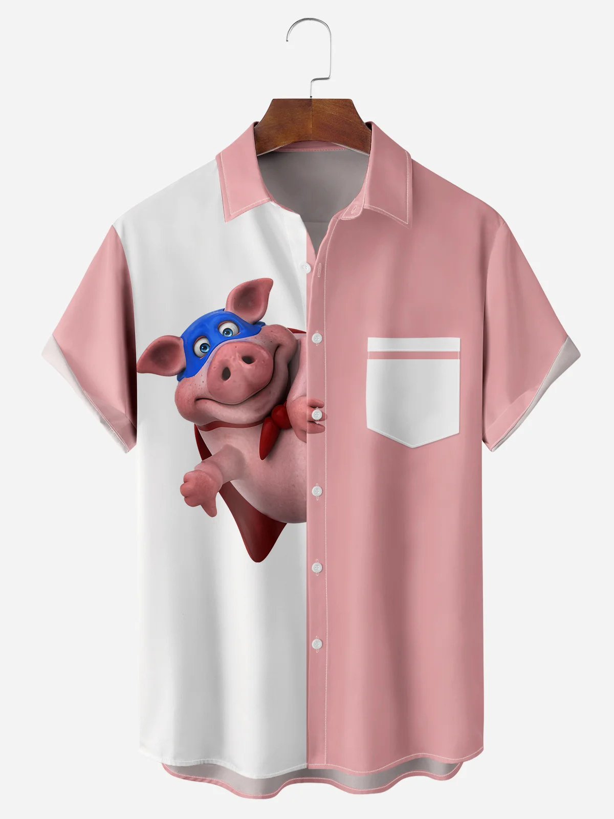 Men's fun casual cartoon extraordinary pig short sleeved pocket shirt