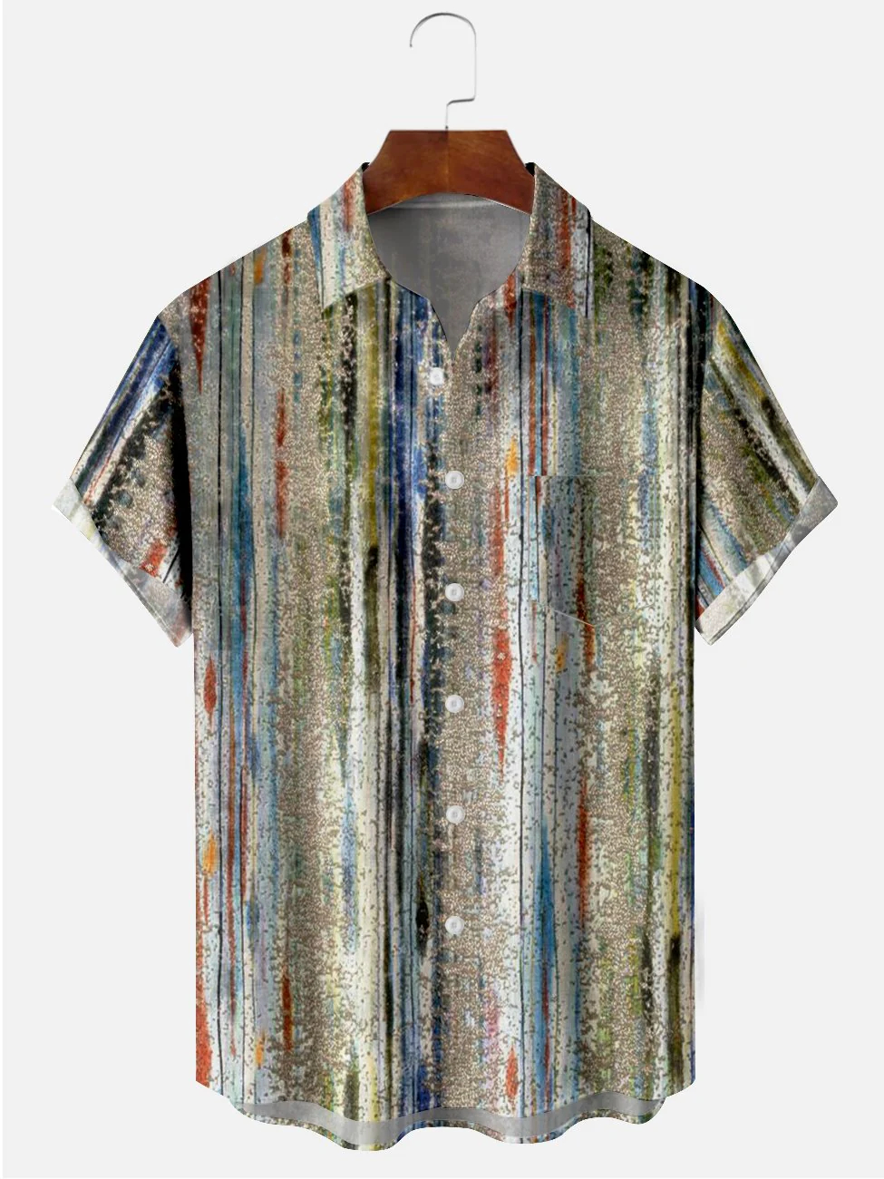Men's geometric abstract texture printed casual short sleeved pocket shirt