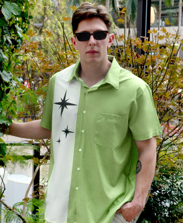 Men's Short Sleeve Button Down Shirt, Green with White Star Panel, Casual Retro Style
