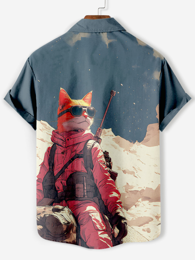 Men's Retro Cartoon Anime Cat Theme Short Sleeve Shirt