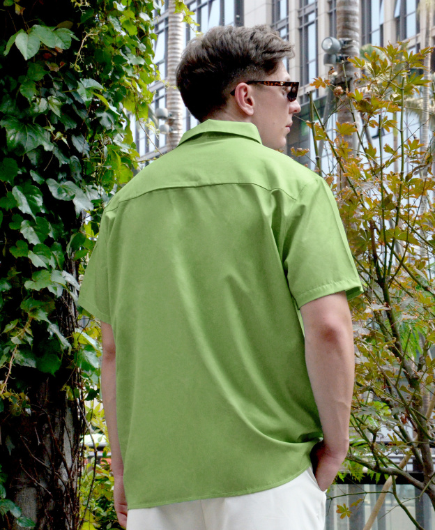 Men's Short Sleeve Button Down Shirt, Green with White Star Panel, Casual Retro Style