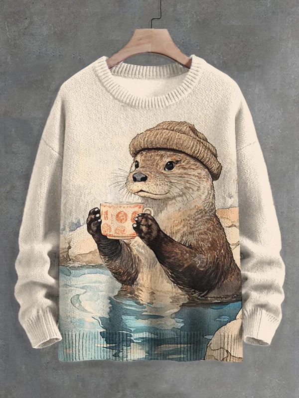 Men's Otters Drinking Tea In Winter Art Sweatshirt