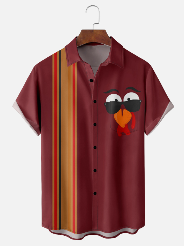Men's Thanksgiving Turkey Short Sleeve Front Pocket Print Shirt