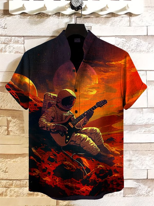 Men's Astronaut Playing Guitar Printed Casual Shirt