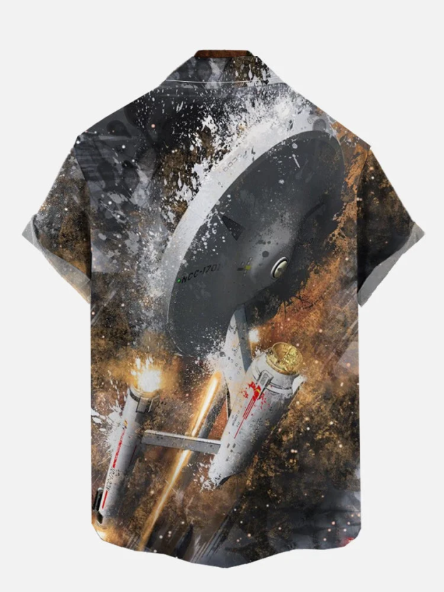 Men's Retro Splash Style Space Fighter Short Sleeve Shirt
