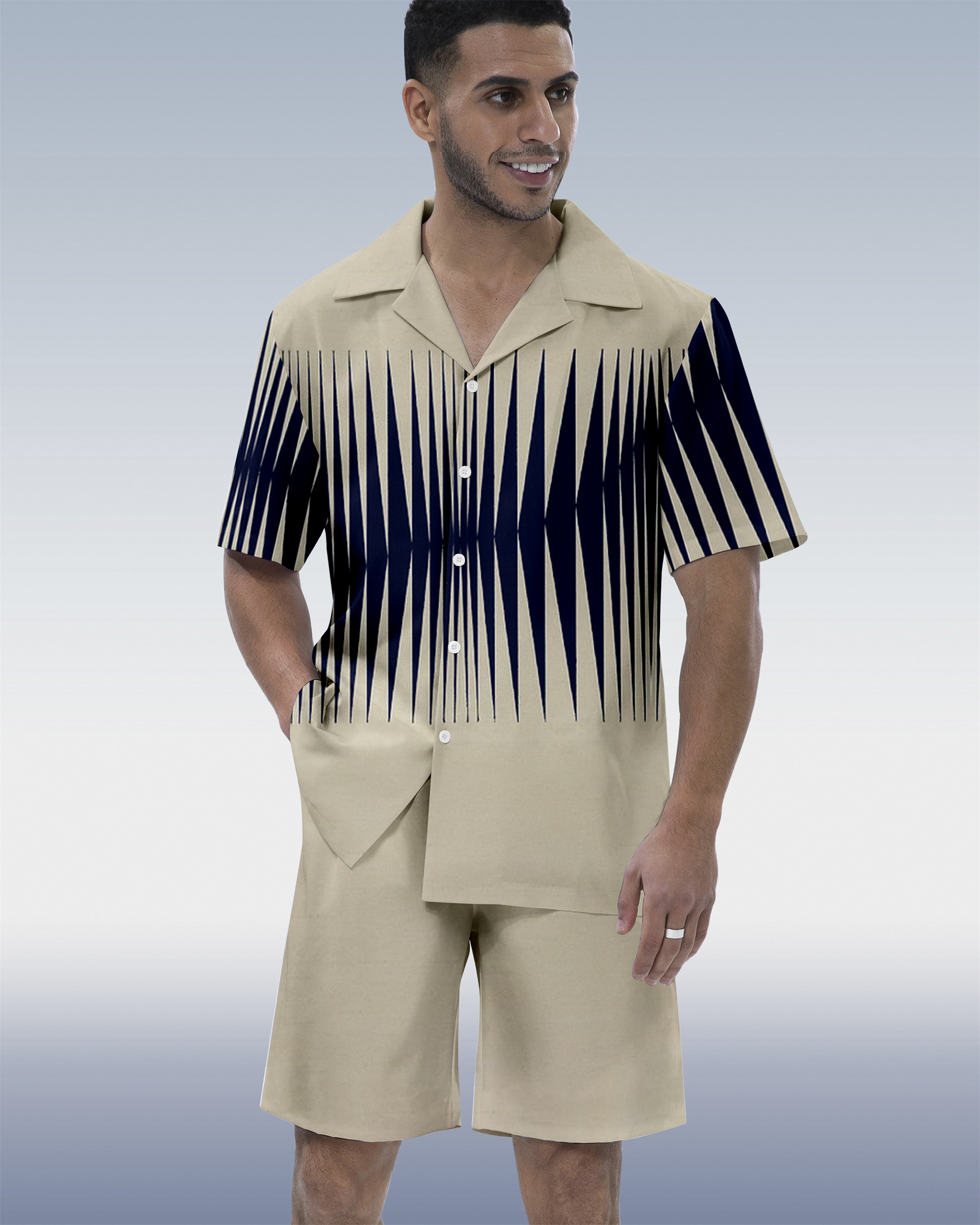 Men's Colorblock Geometric Hawaiian Cuban Collar Short Sleeve Shirt Set