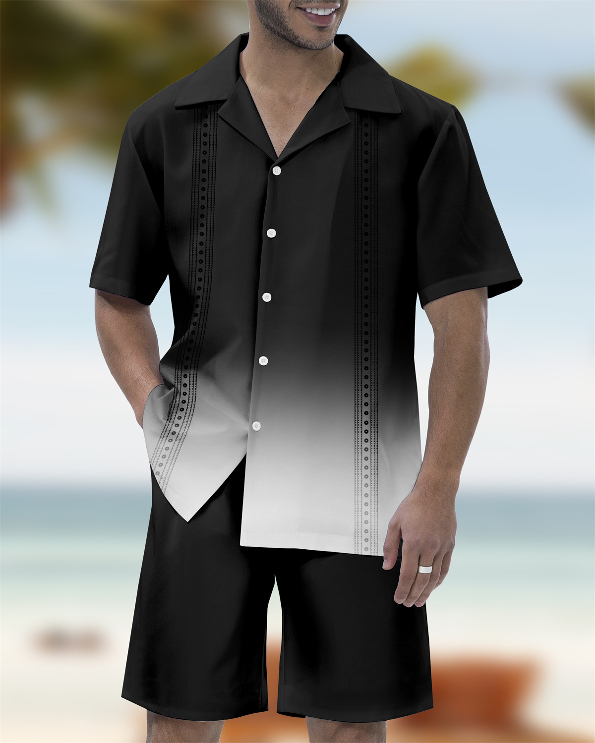 Men's Gradient Race Stripe Print Hawaiian Cuban Collar Short Sleeve Shirt Set