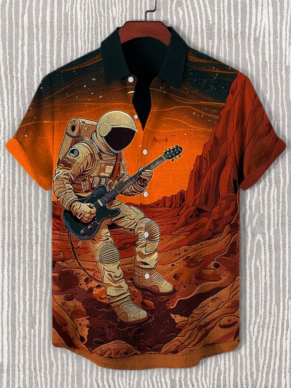 Men's Astronaut Playing Guitar Printed Casual Shirt
