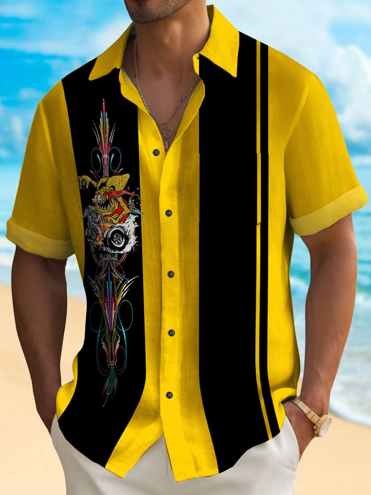 50's Retro Auto Pinstripe Bowling Short Sleeve Shirt