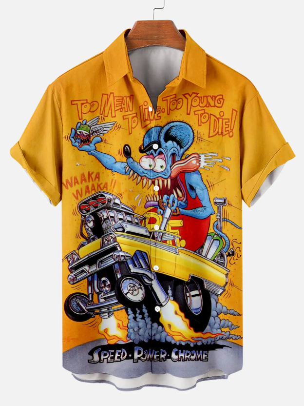 Men's Nostalgic Anime Character Retro Car Short Sleeve Shirt