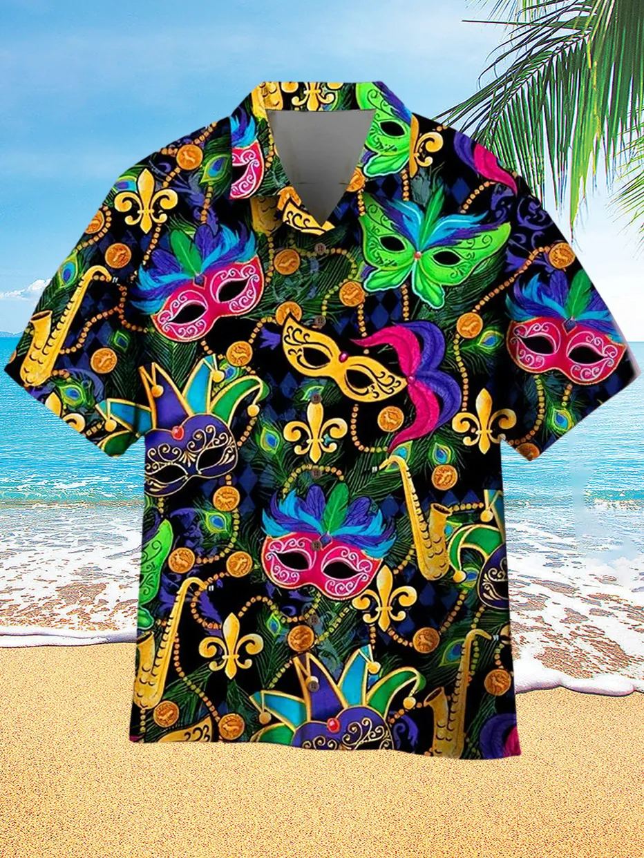 Happy Mardi Gras Mask Print Hawaiian Men's Short Sleeve Shirt