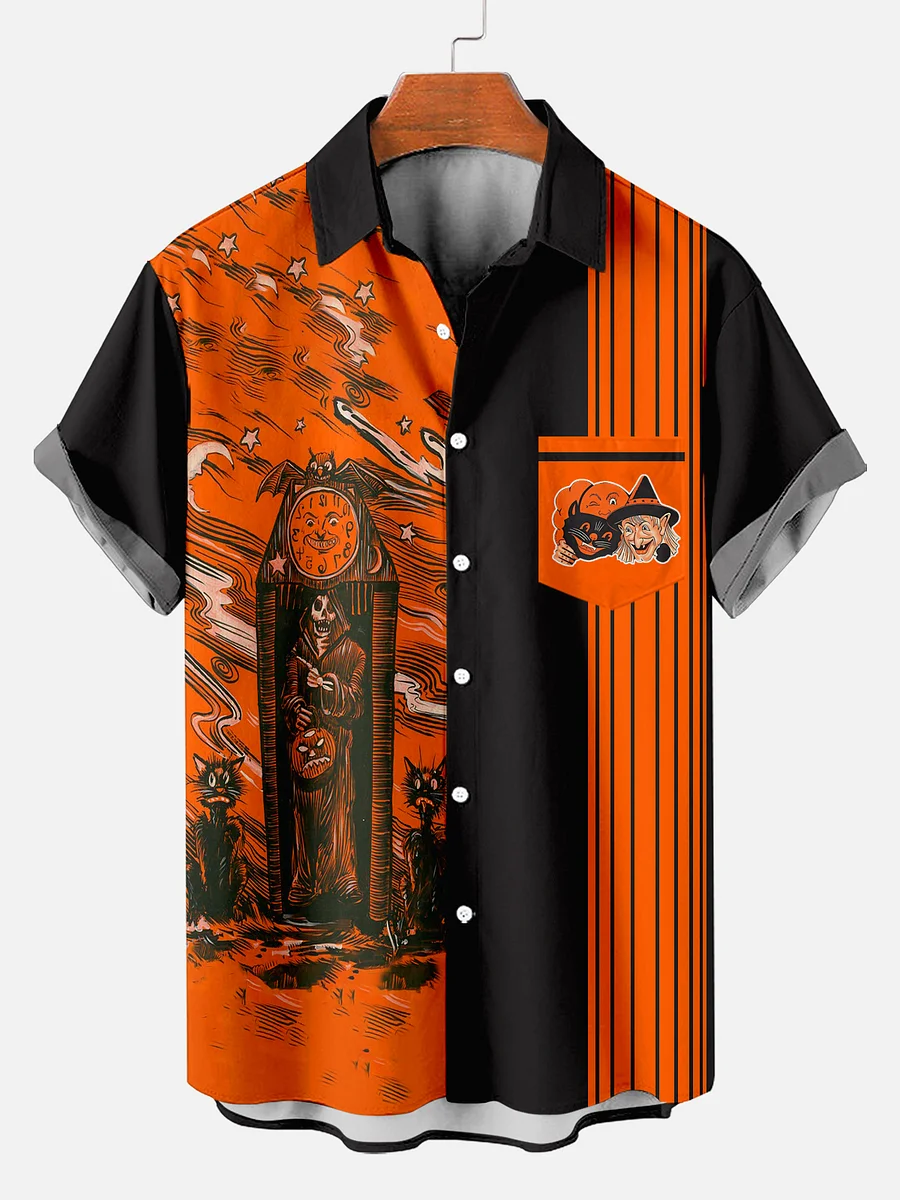 Retro Striped Halloween Black Cat Contrast Color Short Sleeve Printed Shirt