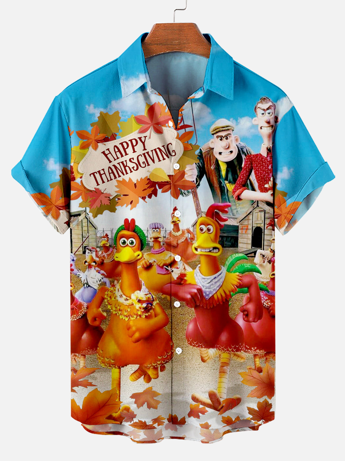 Men's Thanksgiving Creative Design Contrast Color Cartoon Turkey Pattern Short Sleeve Shirt