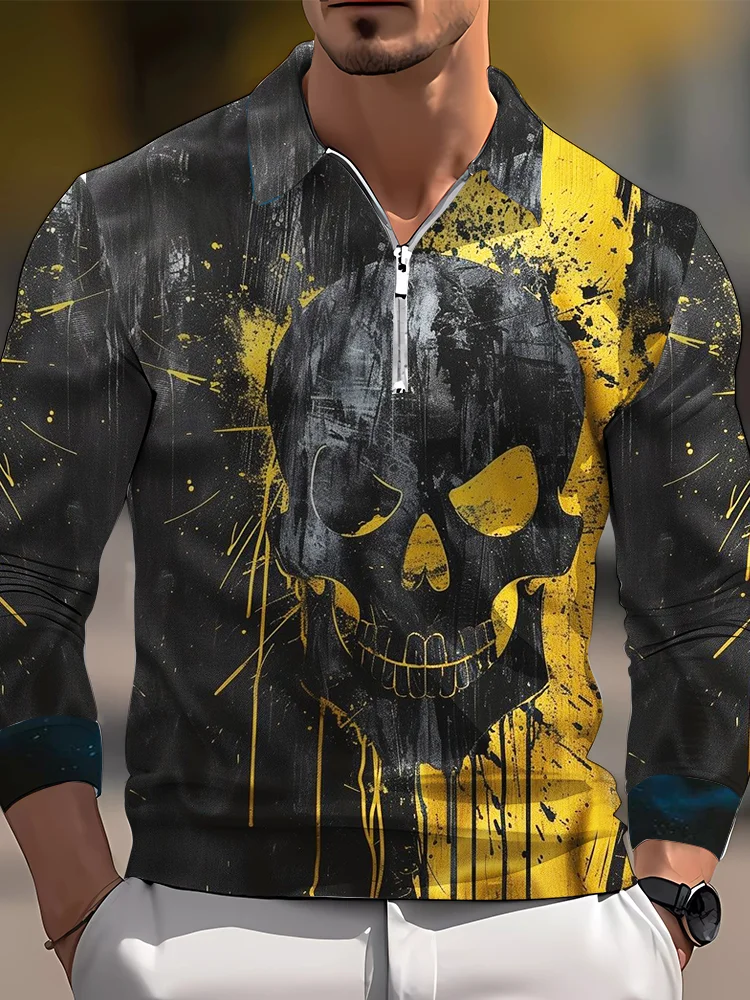 Men's casual art graphic zip long sleeve polo shirt