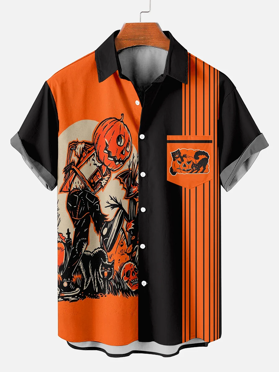 Retro Striped Halloween Black Cat Contrast Color Short Sleeve Printed Shirt