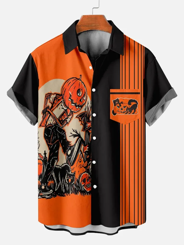 Retro Striped Halloween Black Cat Contrast Color Short Sleeve Printed Shirt