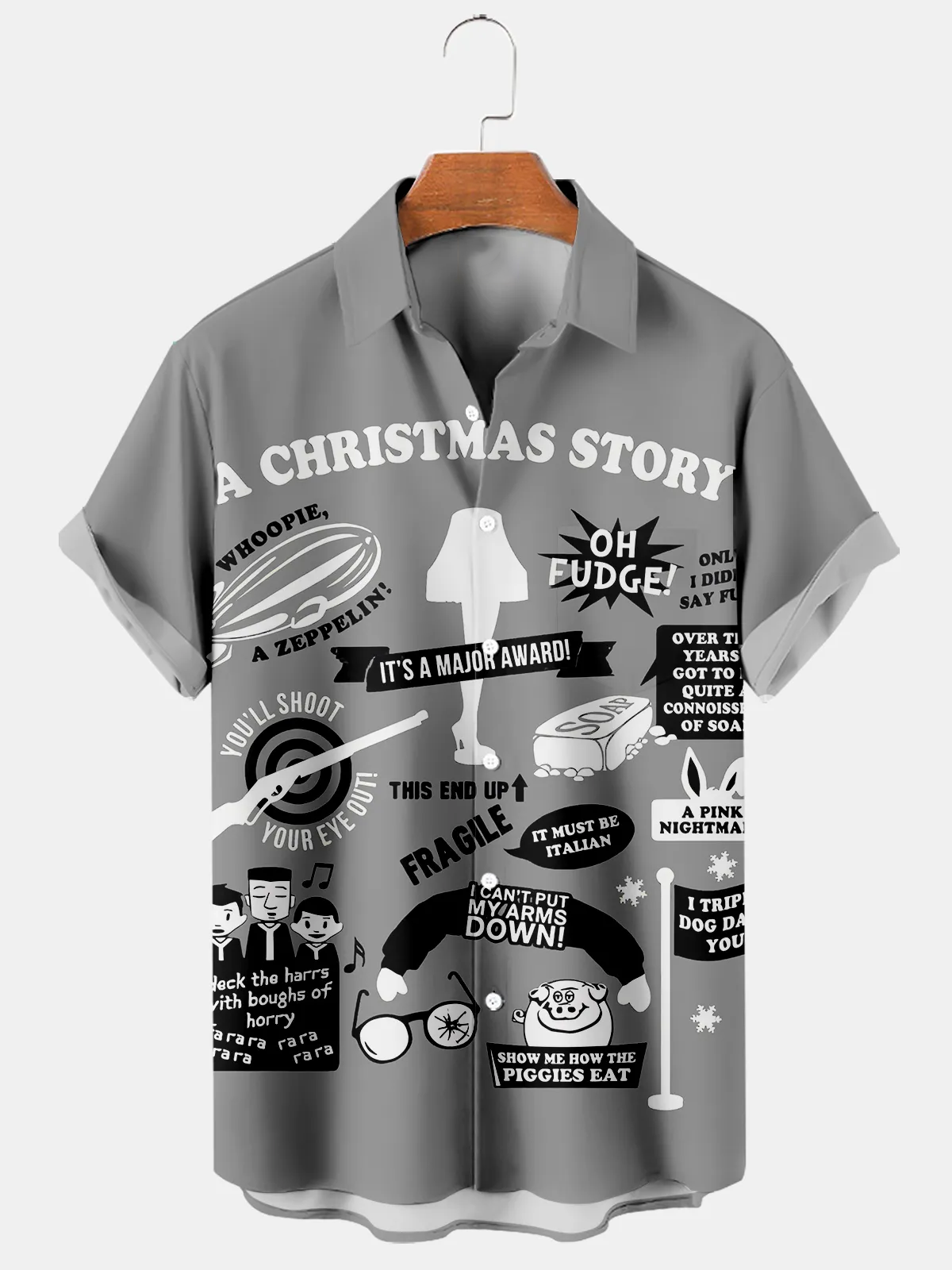 Men's Christmas Vintage Poster Christmas Story Print Casual Short Sleeve Shirt 0374