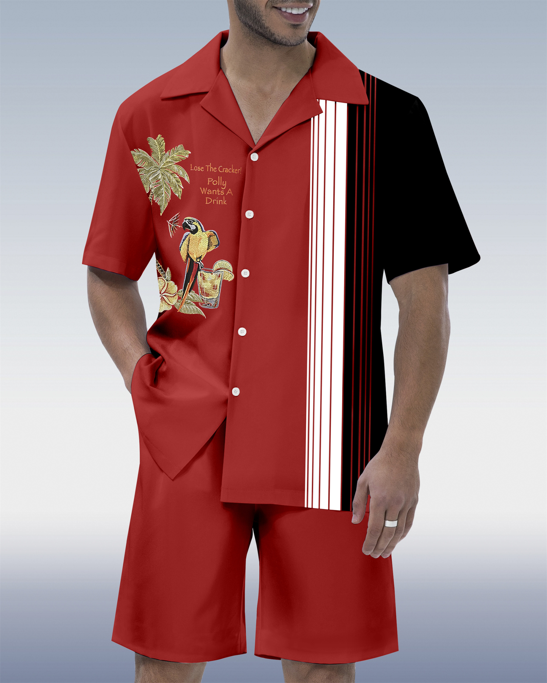 Men's Parrot Head Party Hawaiian Cuban Collar Short Sleeve Shirt Set