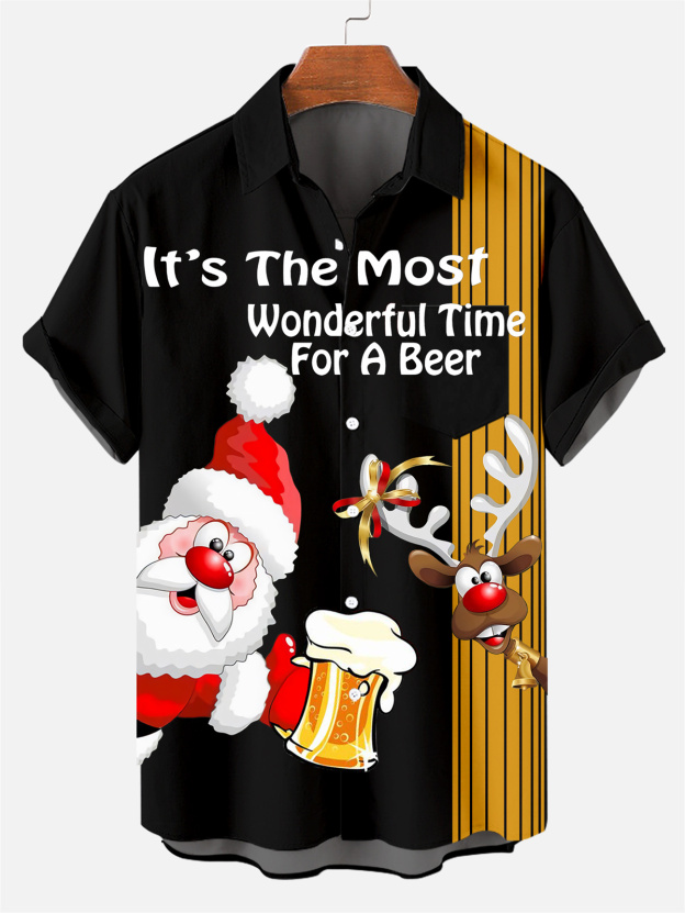 Men's Drink With Father Christmas Printed Short Sleeve Shirt  0327