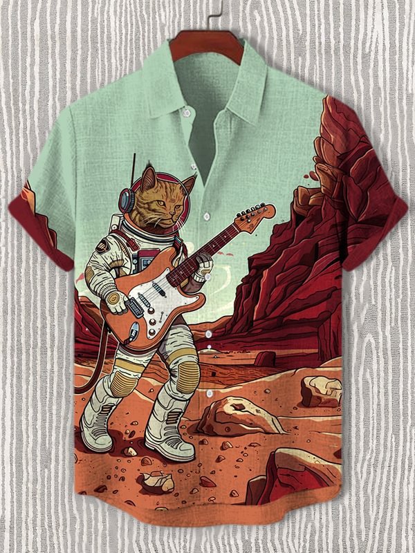Men's Astronaut Playing Guitar Printed Casual Shirt