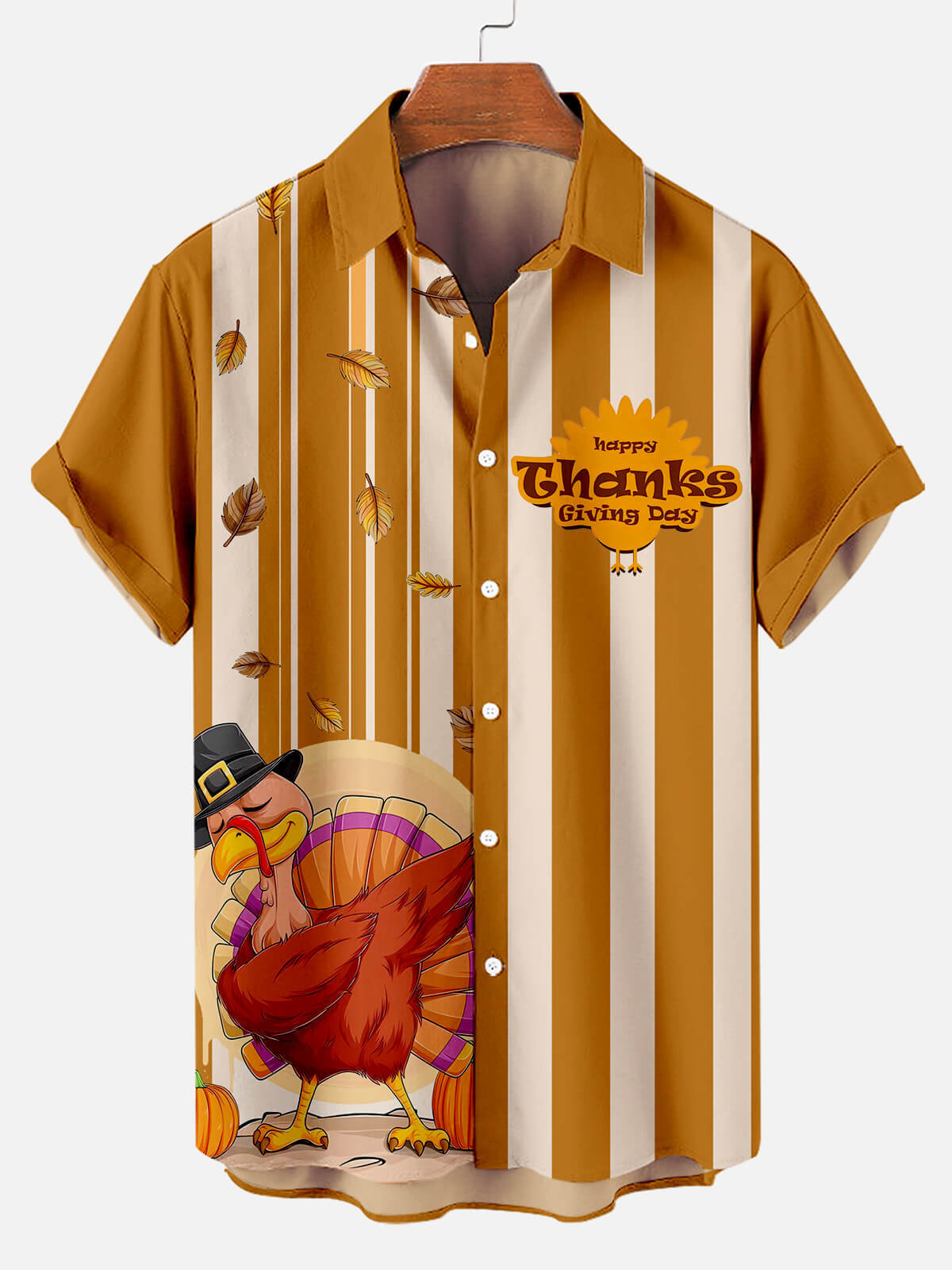 Men's Thanksgiving Turkey Fun Contrast Striped Short Sleeve Shirt