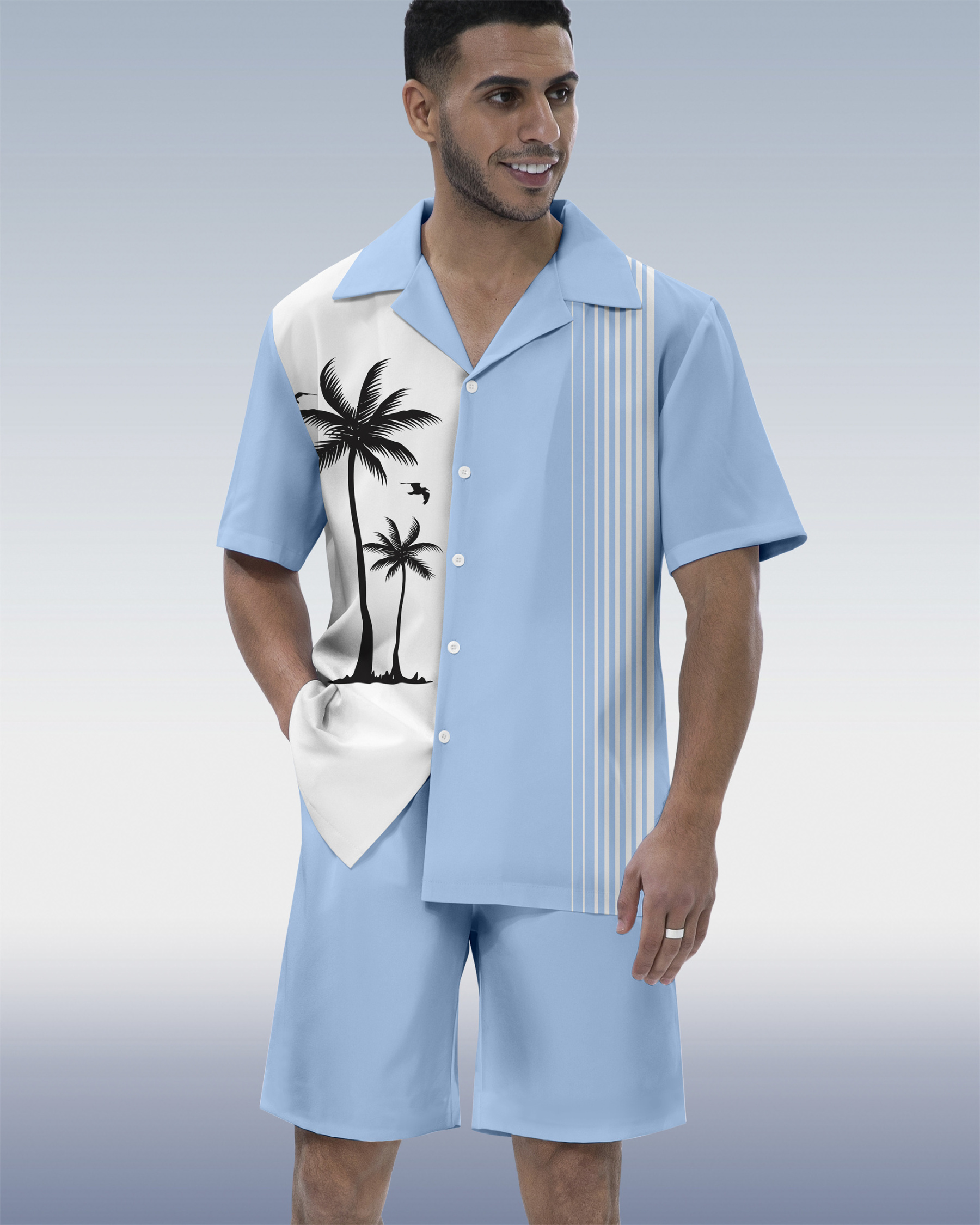 Men's Hawaiian Tiki Party Print Cuban Collar Short Sleeve Shirt Set 03