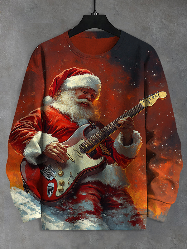 Men's Punk Rock Santa Plays Electric Guitar Print Casual Sweatshirt