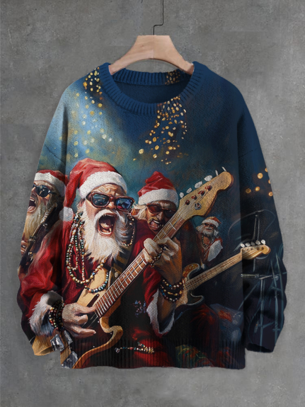 Men's Santa Claus Rock Band Electric Guitar Art Print Knit Sweatshirt