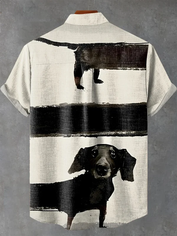 Men's Funny Black Dachshund Dog Print Casual Linen Blend Shirt