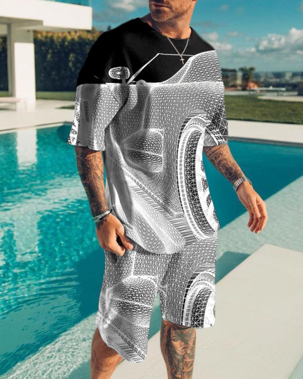 Men's Fashion 3D Printing Short Sleeve Two-Piece Suit 3 Colors