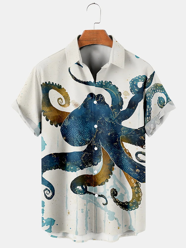  Men's Sea Life Octopus Ink Splatter Short Sleeve Shirt