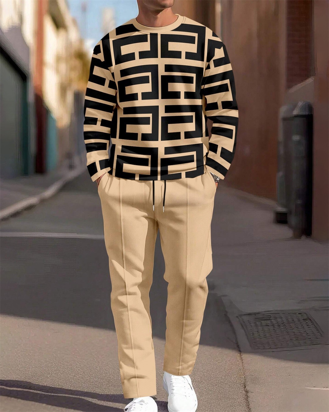 Men's Simple Colorblock Round Neck Casual Sports Set 0192