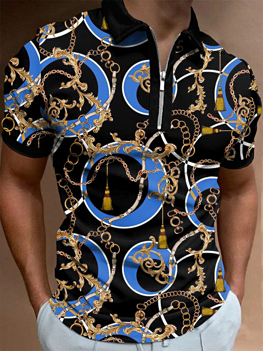 Fashion casual black and blue printed polo shirt